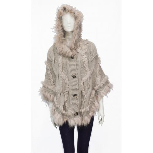 Winter Fur Ladies Beige Knitted Rabbit Poncho With Front Button Closures W05P01BG